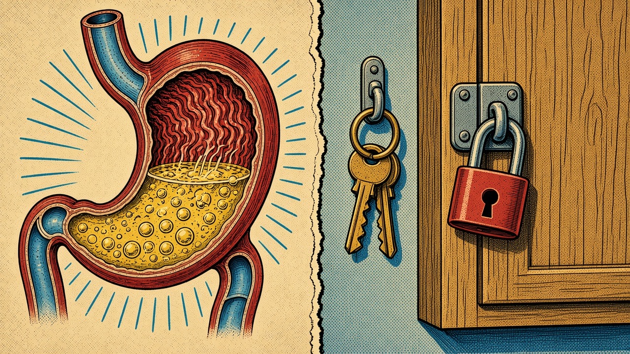 Comic drawing of keys on a hook beside a locked kitchen cabinet