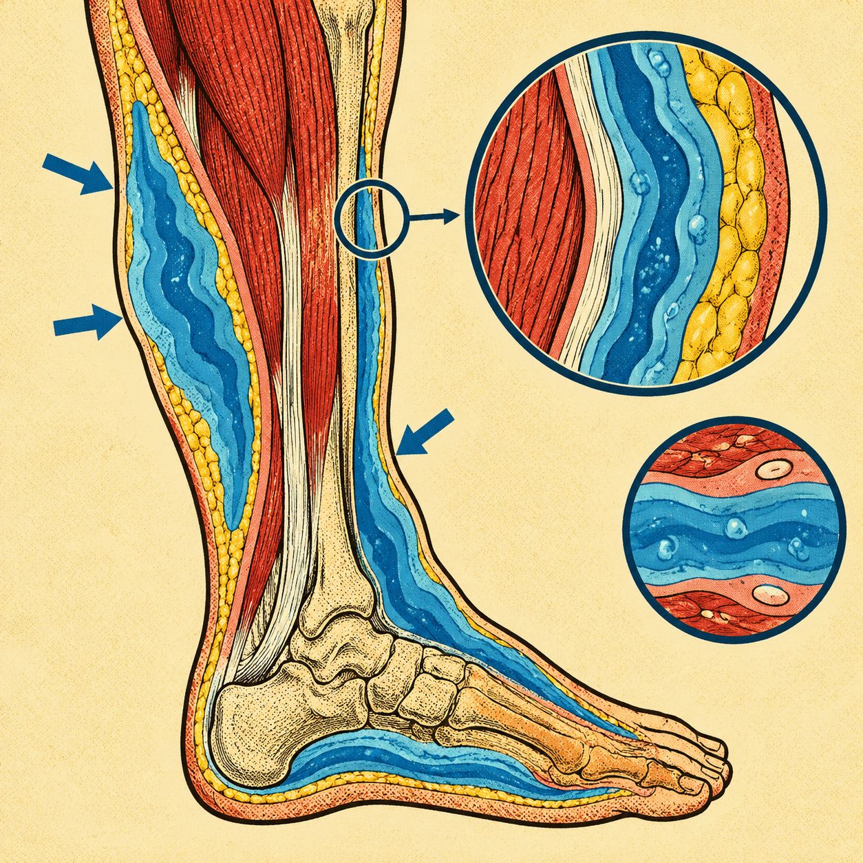 Comic medical textbook cutaway diagram of a lower leg and ankle cross-section showing fluid accumulation as layered blue waves around tissue