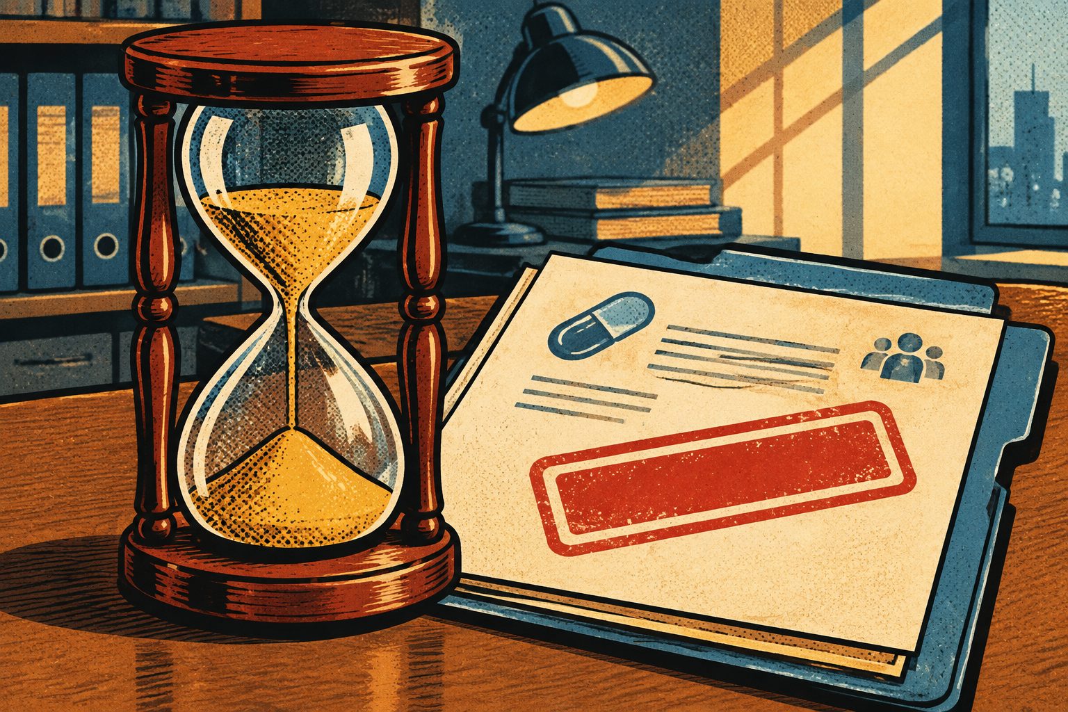 Comic drawing of a large hourglass with sand half-fallen beside a clinical trial document folder with a hold stamp shape
