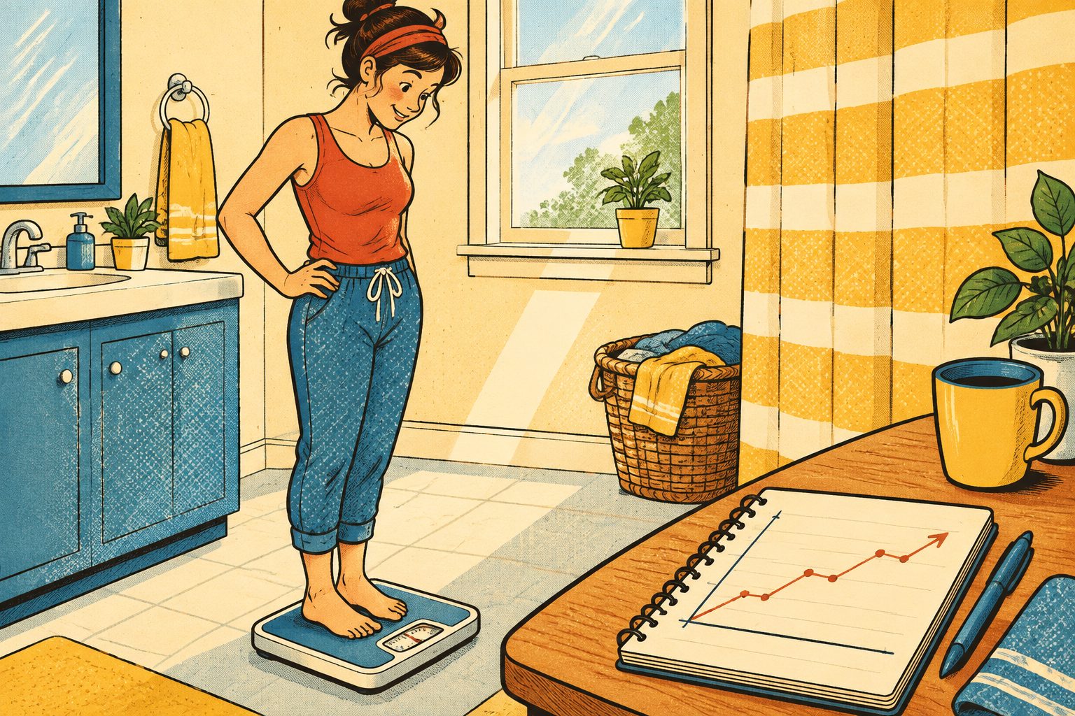Comic drawing of a bathroom scale and a weight log notebook with a hand-drawn rising line chart, morning bathroom light