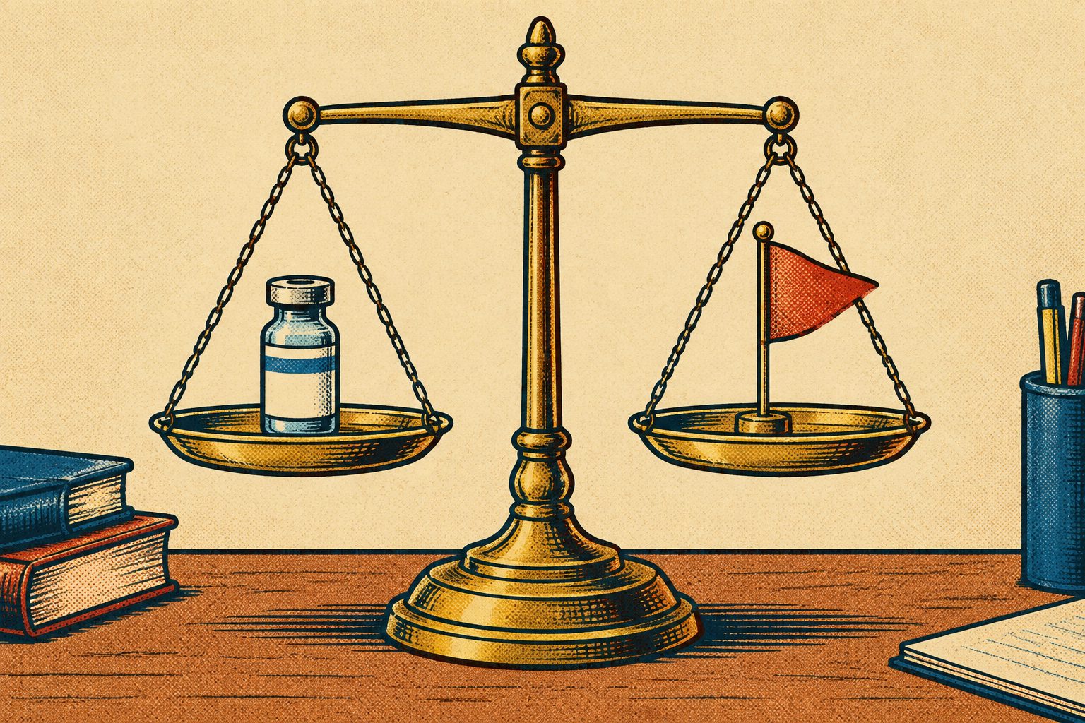 Comic drawing of an old brass balance scale, medicine vial on one pan and a small red warning flag on the other, both pans level