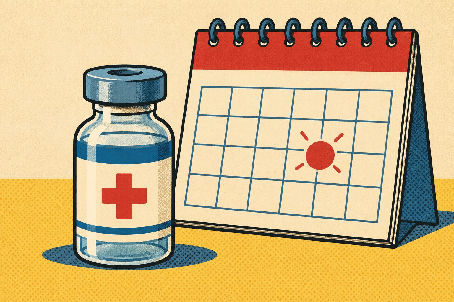 Comic drawing of a medicine vial next to a wall calendar with one page marked by a red circle