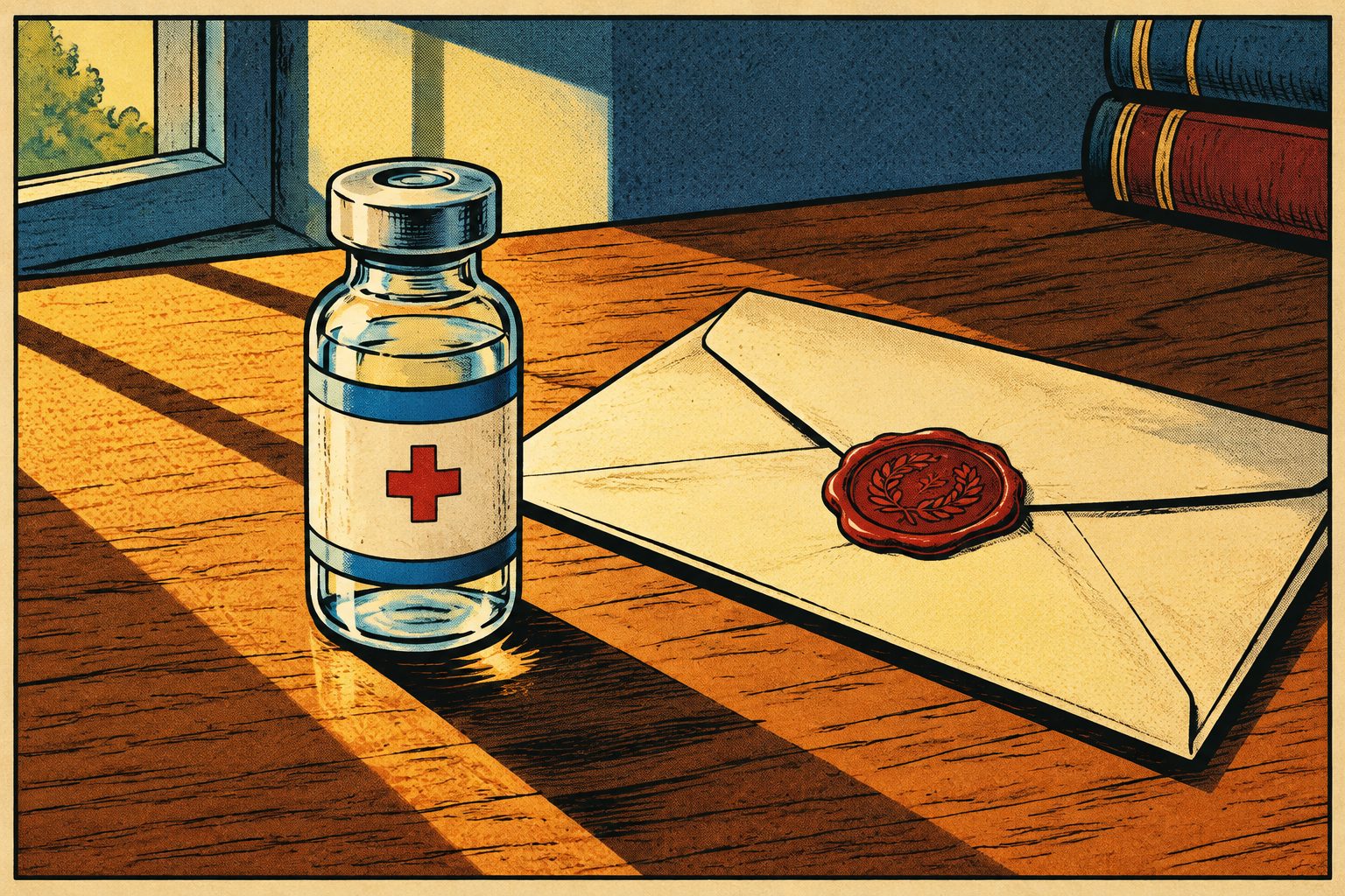 Comic drawing of a medicine vial standing on a wooden desk beside a folded official letter with a wax seal